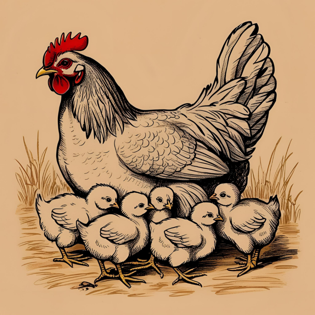 Mother hen gathering her chicks under her wings