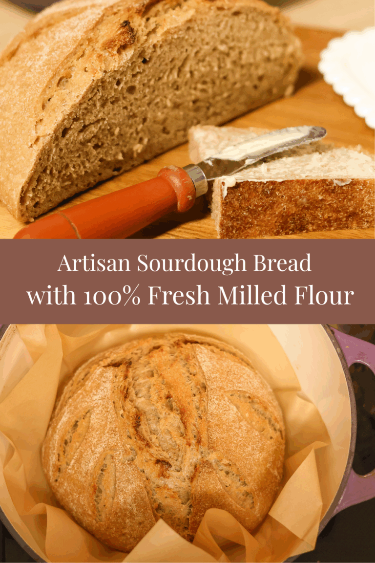Pinable image of artisan sourdough bread made with fresh milled whole grain flour